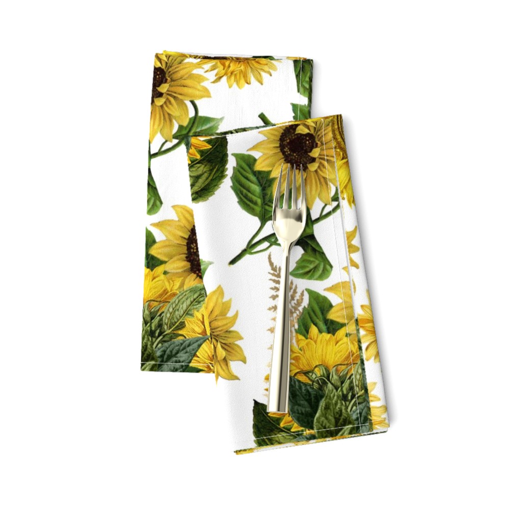 18" Vintage Sunflower bouquets with golden fern on white, sunflowers fabric,sunflower fabric