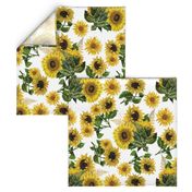 18" Vintage Sunflower bouquets with golden fern on white, sunflowers fabric,sunflower fabric