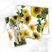 18" Vintage Sunflower bouquets with golden fern on white, sunflowers fabric,sunflower fabric