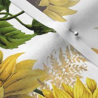 18" Vintage Sunflower bouquets with golden fern on white, sunflowers fabric,sunflower fabric