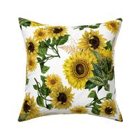 18" Vintage Sunflower bouquets with golden fern on white, sunflowers fabric,sunflower fabric