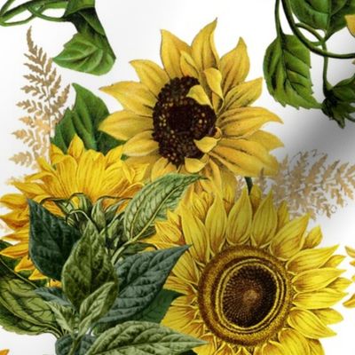 18" Vintage Sunflower bouquets with golden fern on white, sunflowers fabric,sunflower fabric