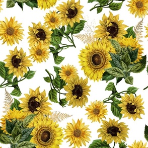 18" Vintage Sunflower bouquets with golden fern on white, sunflowers fabric,sunflower fabric