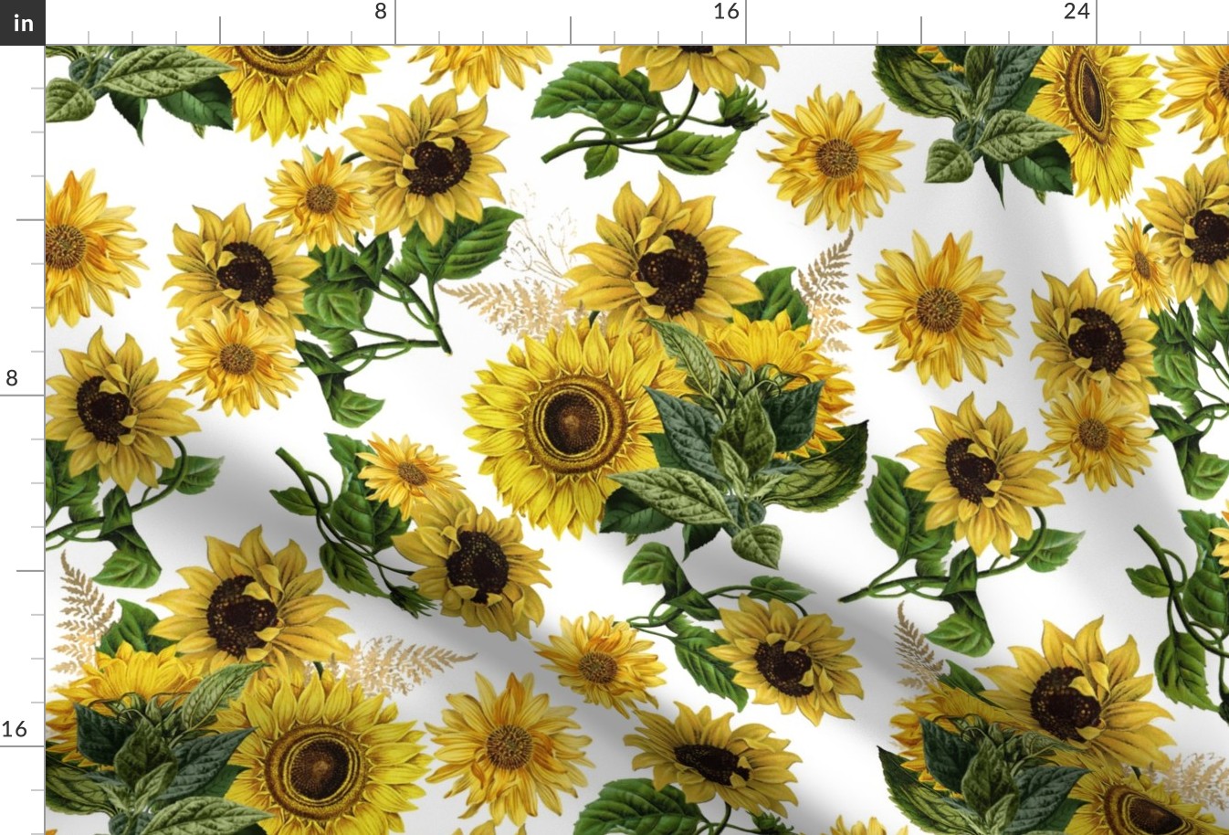 18" Vintage Sunflower bouquets with golden fern on white, sunflowers fabric,sunflower fabric