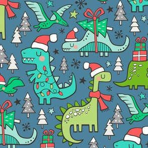 Christmas Holidays Dinosaurs & Trees on Dark Blue Navy