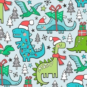 Christmas Holidays Dinosaurs & Trees on Light Blue