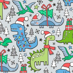Christmas Holidays Dinosaurs & Trees Blue on Light Blue Grey