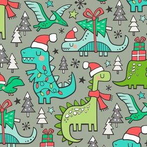 Christmas Holidays Dinosaurs & Trees On Desert Green