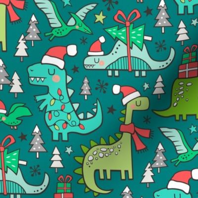 Christmas Holidays Dinosaurs & Trees on Teal