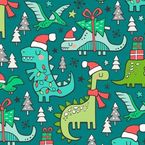 Christmas Holidays Dinosaurs & Trees on Teal