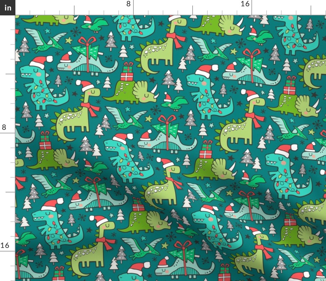 Christmas Holidays Dinosaurs & Trees on Teal