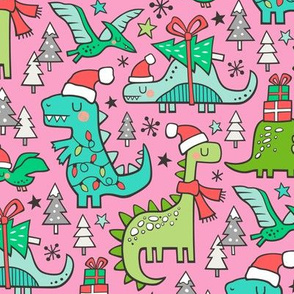 Christmas Holidays Dinosaurs & Trees on Pink