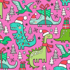 Christmas Holidays Dinosaurs & Trees on Dark Pink