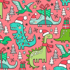 Christmas Holidays Dinosaurs & Trees on Light Red