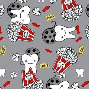 Pre cleaning Afternoon at the movies Dental / teeth popcorn, red fish on grey med    