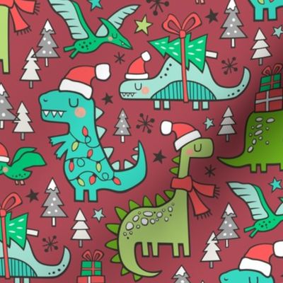 Christmas Holidays Dinosaurs & Trees on Dark Red