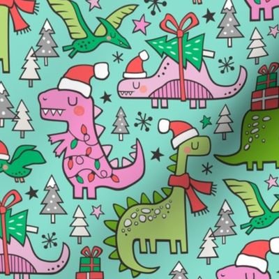 Christmas Holidays Dinosaurs & Trees Pink on Mint Green