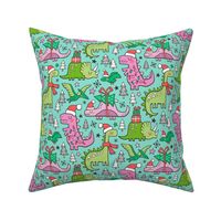 Christmas Holidays Dinosaurs & Trees Pink on Mint Green