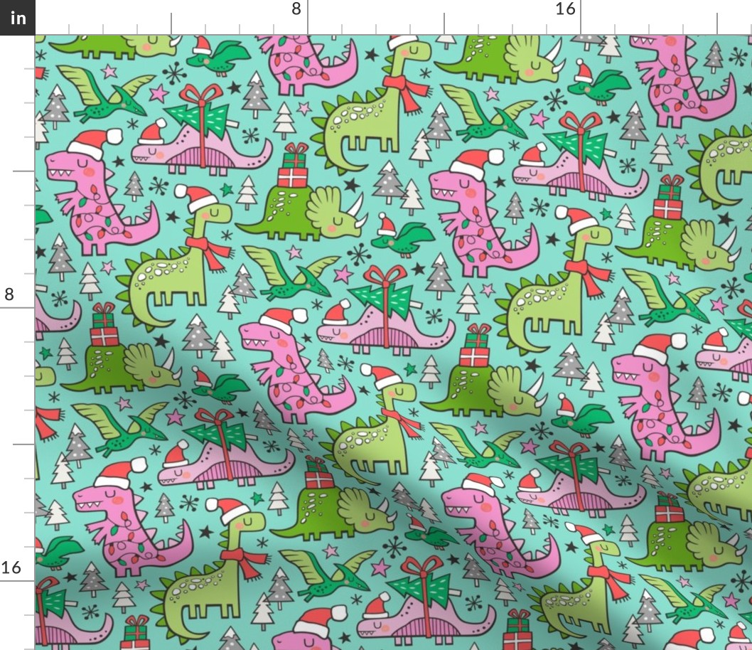 Christmas Holidays Dinosaurs & Trees Pink on Mint Green