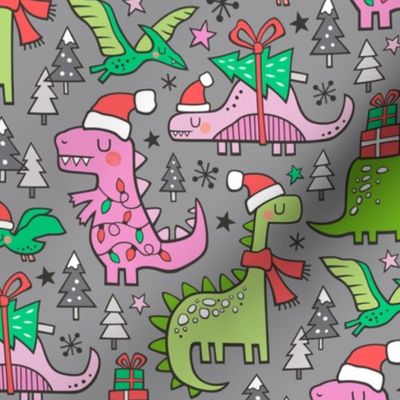 Christmas Holidays Dinosaurs & Trees Pink on Grey