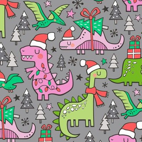 Christmas Holidays Dinosaurs & Trees Pink on Grey