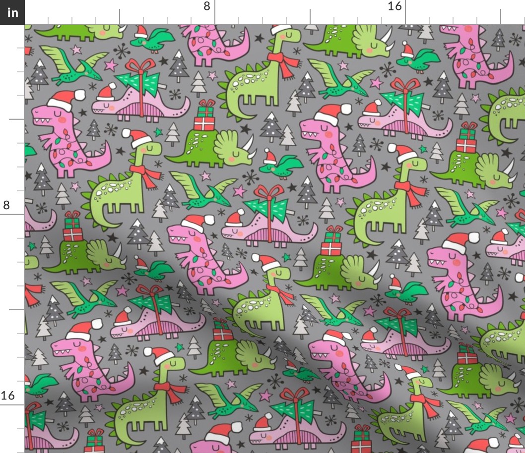 Christmas Holidays Dinosaurs & Trees Pink on Grey