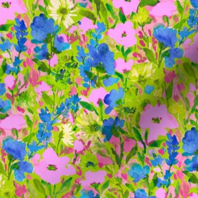 Wild Garden Pink and Blue on Lime