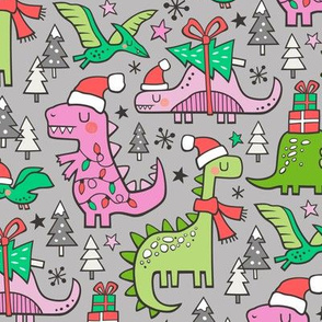 Christmas Holidays Dinosaurs & Trees Pink on Light Grey