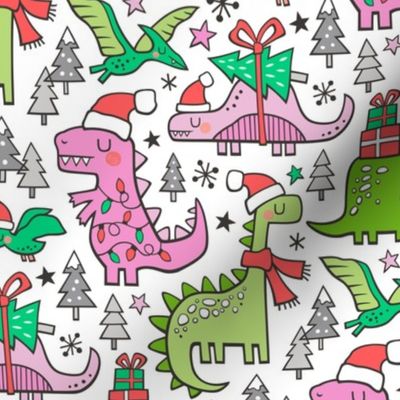 Christmas Holidays Dinosaurs & Trees Pink on White