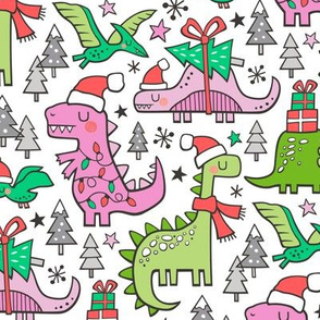 Christmas Holidays Dinosaurs & Trees Pink on White