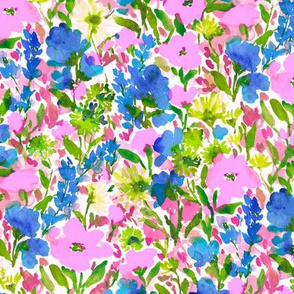 Wild Garden Pink and Blue on White