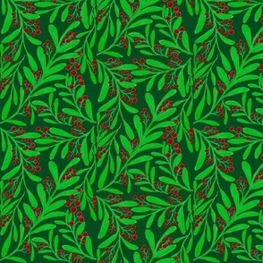 A Scatter of Festive Berry Sprigs on Dark Forest Green - Medium Scale