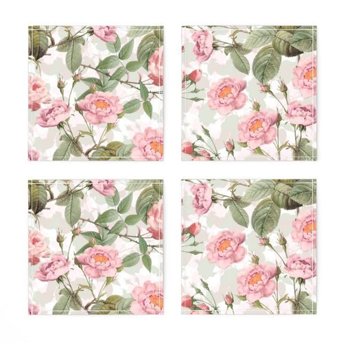 Nostalgic Enchanting Peach And Pink  Pierre-Joseph Redouté  Roses,Antique Flowers Bouquets, vintage home decor,  English Roses Fabric - double layer on white 