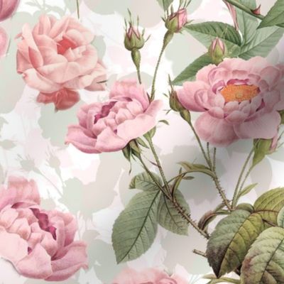 Nostalgic Enchanting Peach And Pink  Pierre-Joseph Redouté  Roses,Antique Flowers Bouquets, vintage home decor,  English Roses Fabric - double layer on white 