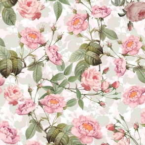 Nostalgic Enchanting Peach And Pink  Pierre-Joseph Redouté  Roses,Antique Flowers Bouquets, vintage home decor,  English Roses Fabric - double layer on white 