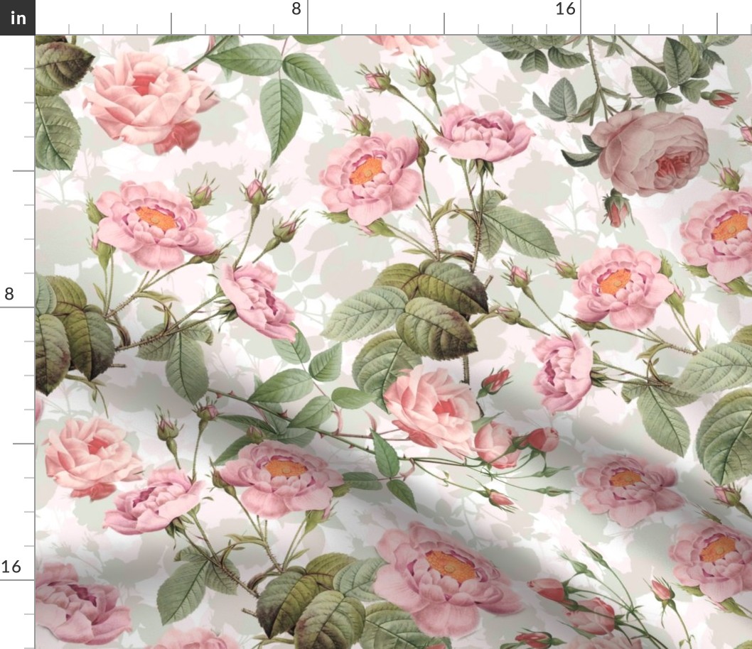 Nostalgic Enchanting Peach And Pink  Pierre-Joseph Redouté  Roses,Antique Flowers Bouquets, vintage home decor,  English Roses Fabric - double layer on white 