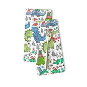 Christmas Holidays Dinosaurs & Trees Pink Dark Blue & Green on White