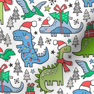 Christmas Holidays Dinosaurs & Trees Pink Dark Blue & Green on White