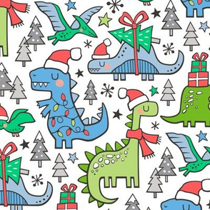 Christmas Holidays Dinosaurs & Trees Pink Dark Blue & Green on White