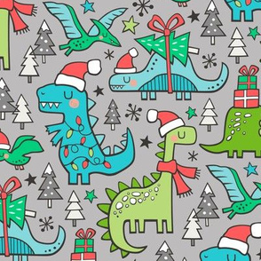 Christmas Holidays Dinosaurs & Trees Blue on Light Grey