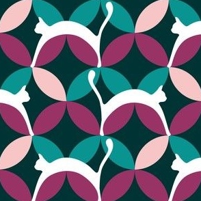 60s White Cat Teal and Rose