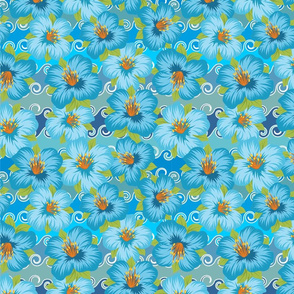 Tropical Flowers Blue on Waves