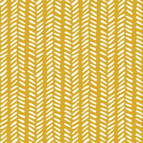 White Hand-Drawn Herringbone Pattern on Mustard Yellow Background, Medium Scale 10,5 x 10,5 in
