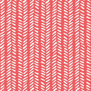 White Hand-Drawn Herringbone Pattern on Coral Red Background, Medium Scale 10,5 x 10,5 in