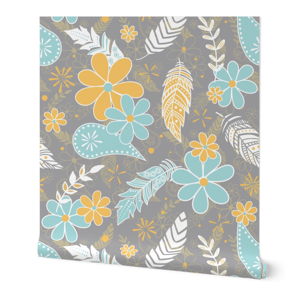 feathers flowers paislies turquoise gold gray