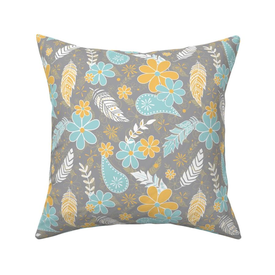 feathers flowers paislies turquoise gold gray