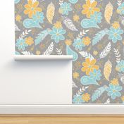 feathers flowers paislies turquoise gold gray