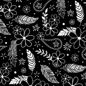 feathers flowers paislies doodle sketch white on black