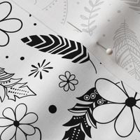 flowers feathers paislies doodle black and white