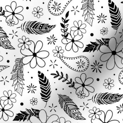 flowers feathers paislies doodle black and white